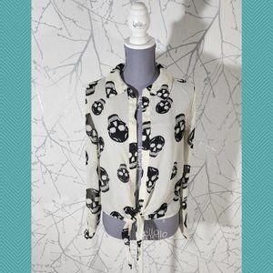 Streetwear Society Ivory Skulls Printed Sheer Tie Front Blouse